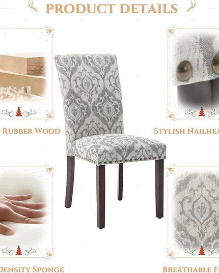 Parsons Dining Chairs Set of 6, Upholstered Nailhead Dining Room Kitchen Side Chair with Thick Cushions and Wood Legs, White/Grey - LeafyLoom