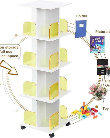 VECELO 4 Tier Rotating Bookshelf,360° Corner Display Shelf with Wheels, Book Storage with Acrylic Windows for Home Office, Living Room, Study Room, Bedroom, Small Footprint Large Capacity, White - LeafyLoom