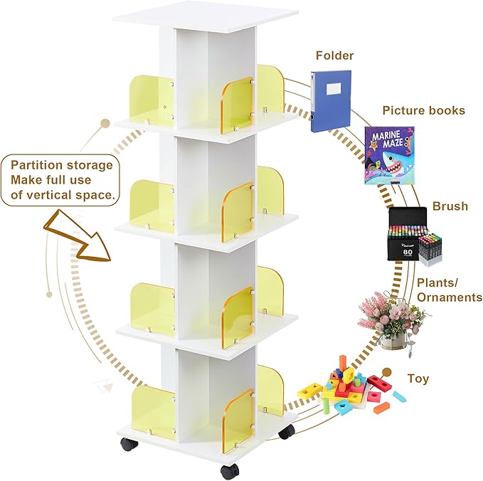 VECELO 4 Tier Rotating Bookshelf,360° Corner Display Shelf with Wheels, Book Storage with Acrylic Windows for Home Office, Living Room, Study Room, Bedroom, Small Footprint Large Capacity, White - LeafyLoom