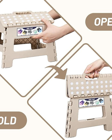 Delxo Folding Step Stool,9 Inch Lightweight Plastic Step Stool,Portable Collapsible Foldable Step Stool Non Slip Folding Stools for Kitchen Bathroom Bedroom in Khaki,1 Pack - LeafyLoom