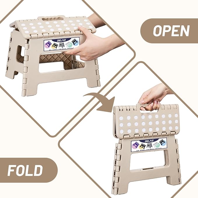 Delxo Folding Step Stool,9 Inch Lightweight Plastic Step Stool,Portable Collapsible Foldable Step Stool Non Slip Folding Stools for Kitchen Bathroom Bedroom in Khaki,1 Pack - LeafyLoom