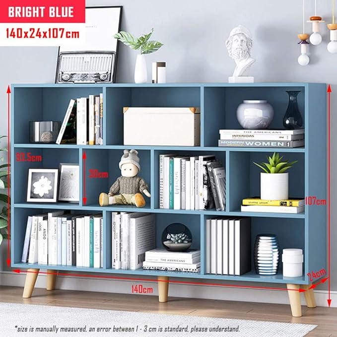 IOTXY Wooden Open Shelf Bookcase - 3-Tier Floor Standing Display Cabinet Rack with Legs, 10 Cubes Bookshelf, Bright Blue - LeafyLoom