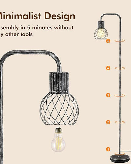 Industrial Floor Lamp, Antique Silver Standing Lamp Modern with 6W LED Bulb, Foot Switch, Metal Tall Lamps for Living Room, Bedroom, Office, Den, Vintage Stand Up Lamp, Minimalist Farmhouse Floor Lamp - LeafyLoom