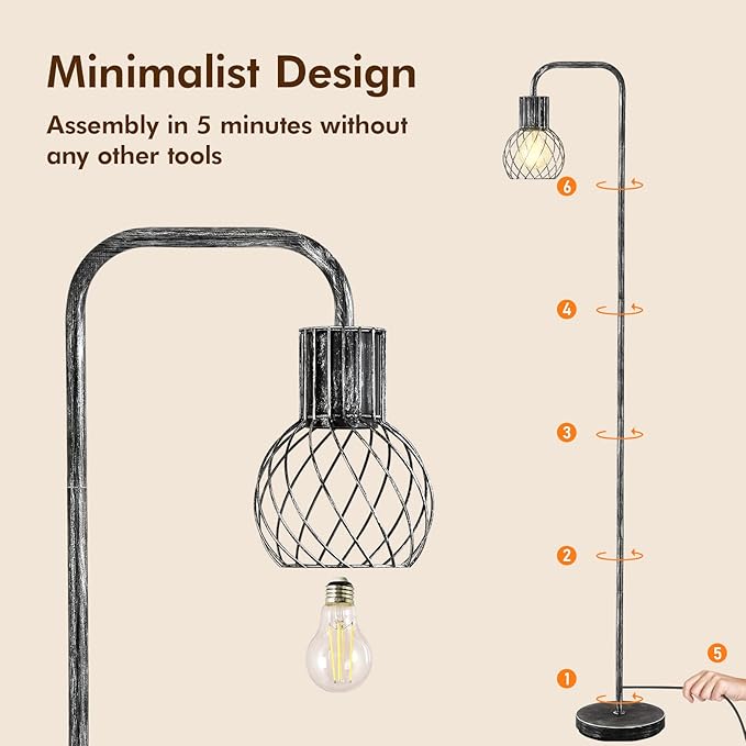 Industrial Floor Lamp, Antique Silver Standing Lamp Modern with 6W LED Bulb, Foot Switch, Metal Tall Lamps for Living Room, Bedroom, Office, Den, Vintage Stand Up Lamp, Minimalist Farmhouse Floor Lamp - LeafyLoom