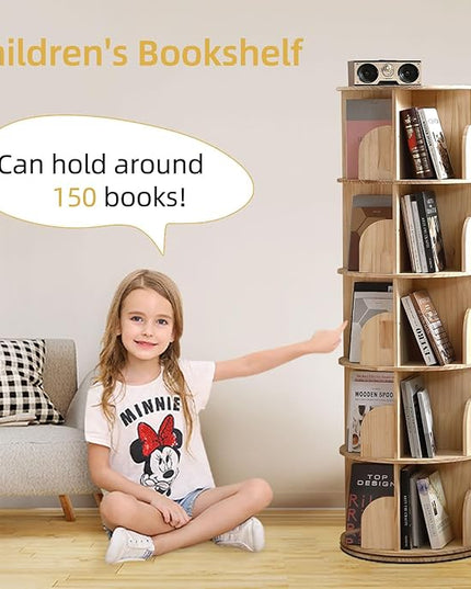 Rotating Bookshelf Tower, 5 Tier 360 Display Spinning Bookshelf, Solid Wood Narrow Book Shelf Organizer for Kid Adult, Corner Floor Standing Bookcase for Bedroom, Living Room, Study Room, Small Space - LeafyLoom