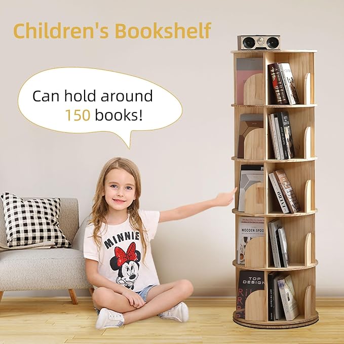 Rotating Bookshelf Tower, 5 Tier 360 Display Spinning Bookshelf, Solid Wood Narrow Book Shelf Organizer for Kid Adult, Corner Floor Standing Bookcase for Bedroom, Living Room, Study Room, Small Space - LeafyLoom