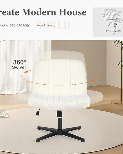 Sweetcrispy Criss Cross Chair Legged, Armless Office Desk Chair No Wheels, Swivel Vanity Chair, Height Adjustable Wide Seat Computer Task Chair, Fabric Vanity Modern Home Chair White - LeafyLoom