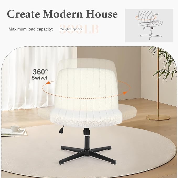 Sweetcrispy Criss Cross Chair Legged, Armless Office Desk Chair No Wheels, Swivel Vanity Chair, Height Adjustable Wide Seat Computer Task Chair, Fabric Vanity Modern Home Chair White - LeafyLoom