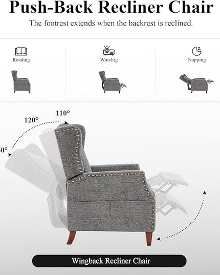 COLAMY Wingback Pushback Recliner Storage Pocket Upholstered Fabric Living Room Chair Armchair, with Wood Legs and Nailhead Trim, Dark Grey - LeafyLoom