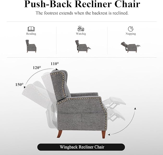 COLAMY Wingback Pushback Recliner Storage Pocket Upholstered Fabric Living Room Chair Armchair, with Wood Legs and Nailhead Trim, Dark Grey - LeafyLoom