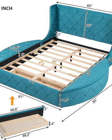 Velvet Upholstered Platform Bed Frame Queen Size with Wingback Headboard, Solid Wood Storage Bed with Spacious Drawer and Convenient Side Storage Stools, Elegant Design, Blue - LeafyLoom