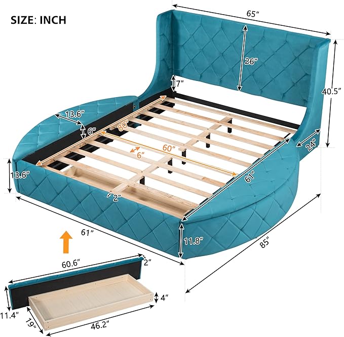 Velvet Upholstered Platform Bed Frame Queen Size with Wingback Headboard, Solid Wood Storage Bed with Spacious Drawer and Convenient Side Storage Stools, Elegant Design, Blue - LeafyLoom