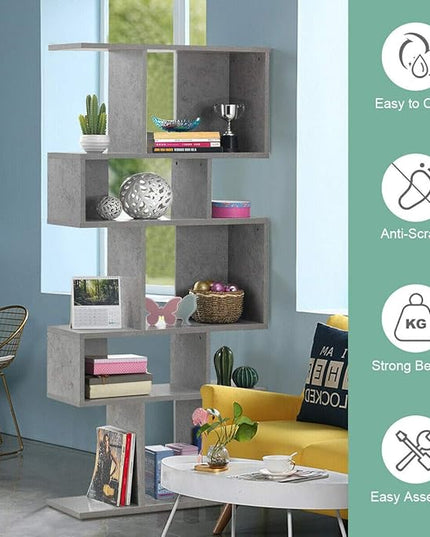 Giantex 5-Tier Geometric Bookshelf, 70" Tall Wood Freestanding Decorative Display Open Shelves with Anti-Tipping Device, Each Shelf Holds up to 44 lbs, Wooden S Shaped Bookcase, Gray - LeafyLoom