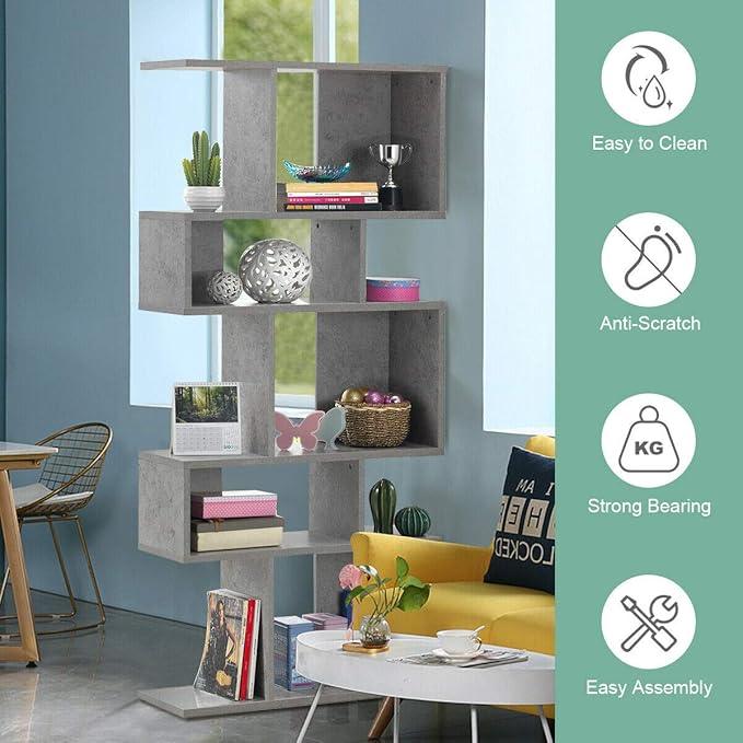 Giantex 5-Tier Geometric Bookshelf, 70" Tall Wood Freestanding Decorative Display Open Shelves with Anti-Tipping Device, Each Shelf Holds up to 44 lbs, Wooden S Shaped Bookcase, Gray - LeafyLoom