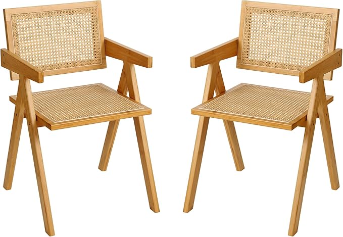 Rattan Dining Chairs Set of 2, Modern Mid Century Accent Chairs, Comfy Armchairs, Outdoor Rattan Chairs with Armrest for Bedroom Living Room Reading Room Dining Kitchen - LeafyLoom