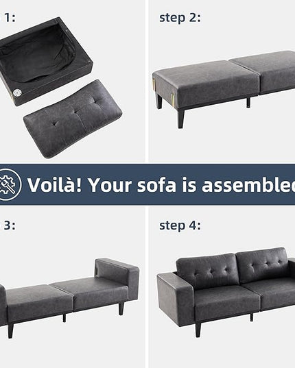 79” Leather Sofa Couches for Living Room, Oversized Loveseat Sofa, 3 Seat Mid Century Modern Couch, Faux Leather Couch Sofa, Love Seat with Solid Wood Leg, Bedroom Couch, Grey - LeafyLoom