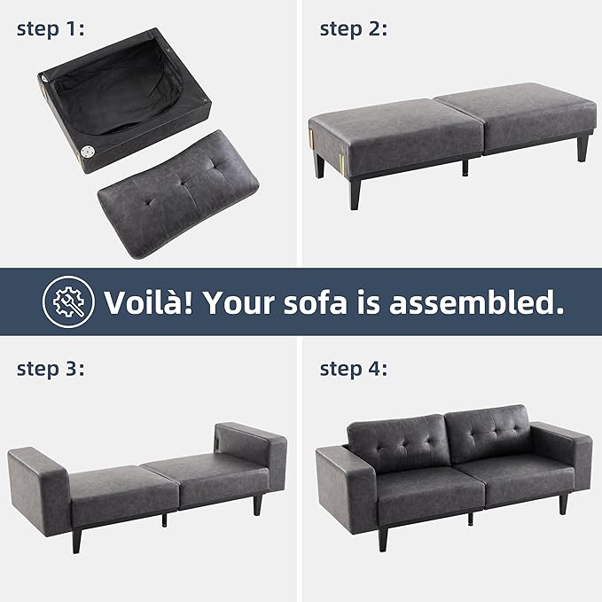 79” Leather Sofa Couches for Living Room, Oversized Loveseat Sofa, 3 Seat Mid Century Modern Couch, Faux Leather Couch Sofa, Love Seat with Solid Wood Leg, Bedroom Couch, Grey - LeafyLoom