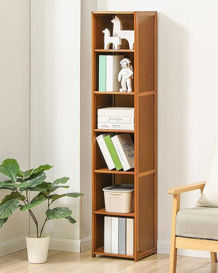 MoNiBloom Tall Slim Narrow Bookcase Bamboo 6 Tier Free Standing Tall Bookshelf Display Storage Shelves Collection Décor Furniture for Home Living Room Study Room, Brown - LeafyLoom
