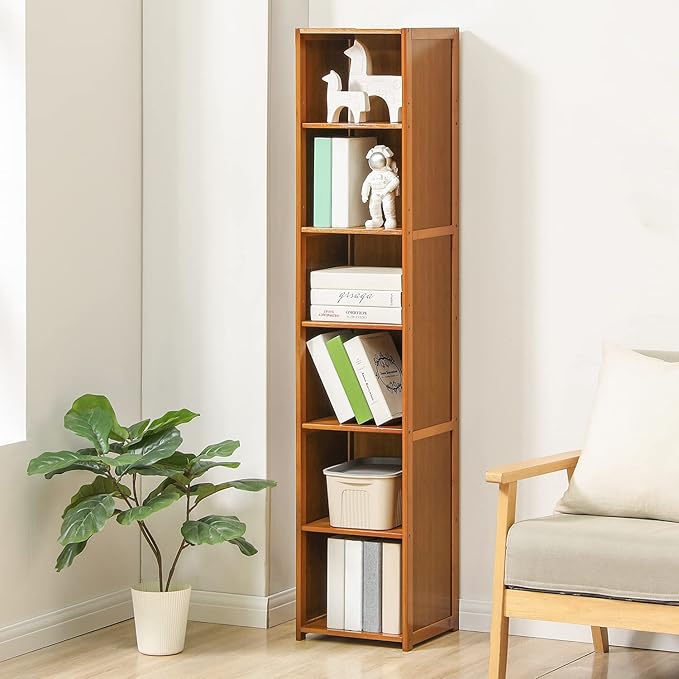 MoNiBloom Tall Slim Narrow Bookcase Bamboo 6 Tier Free Standing Tall Bookshelf Display Storage Shelves Collection Décor Furniture for Home Living Room Study Room, Brown - LeafyLoom