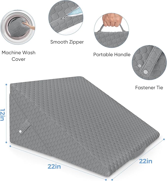 Forias Wedge Pillow for Sleeping 9 &12 Inch Adjustable Bed Wedge Pillow for After Surgery Foldable Memory Foam Triangle Pillow Wedge for Acid Reflux Snoring Post Surgery Back Leg Knee Pain - Gray - LeafyLoom