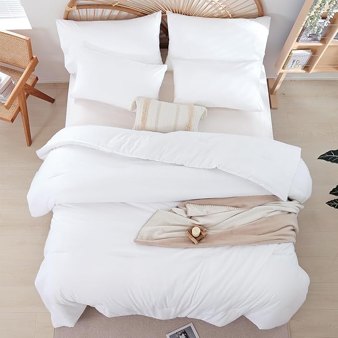 Queen Comforter Set White Comforter Boho Solid Color Bedding Comforter Set for All Season Soft lightweight Microfiber 3PCS Reversible Comforter Set (1 Comforter, 2 Pillowcases) - LeafyLoom