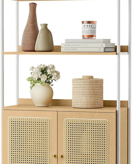 VASAGLE 6-Tier Bookcase, Bookshelf with Rattan-Like Door, Boho Style, Freestanding 30.1-Inch Wide Storage Shelf, Metal Frame, Adjustable Shelf, for Living Room, Oak Beige and Pearl White ULLS124W57 - LeafyLoom