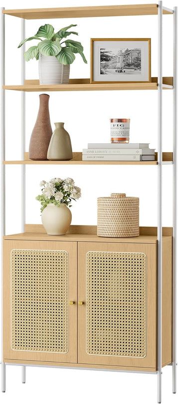 VASAGLE 6-Tier Bookcase, Bookshelf with Rattan-Like Door, Boho Style, Freestanding 30.1-Inch Wide Storage Shelf, Metal Frame, Adjustable Shelf, for Living Room, Oak Beige and Pearl White ULLS124W57 - LeafyLoom