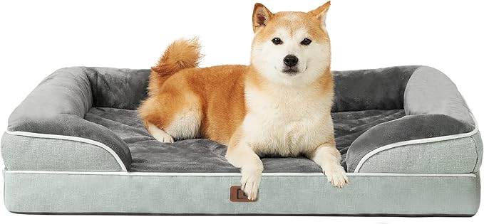 EHEYCIGA Orthopedic Dog Beds for Large Dogs, Waterproof Memory Foam Large Dog Bed with Sides, Non-Slip Bottom and Egg-Crate Foam Large Dog Couch Bed with Washable Removable Cover, Greyish Green EHEYCIGA