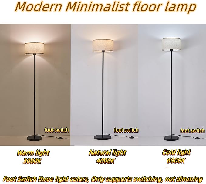 Modern Simple Floor Lamp Design with White Shade, Foot Pedal Switch, Minimalism floor Lamp for Living Room Bedroom Office Dining Room Kitchen, Black Pole Lamp (with Bulb) - LeafyLoom