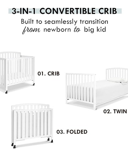 DaVinci Dylan Folding Portable 3-in-1 Convertible Mini Crib and Twin Bed in White, Greenguard Gold Certified - LeafyLoom