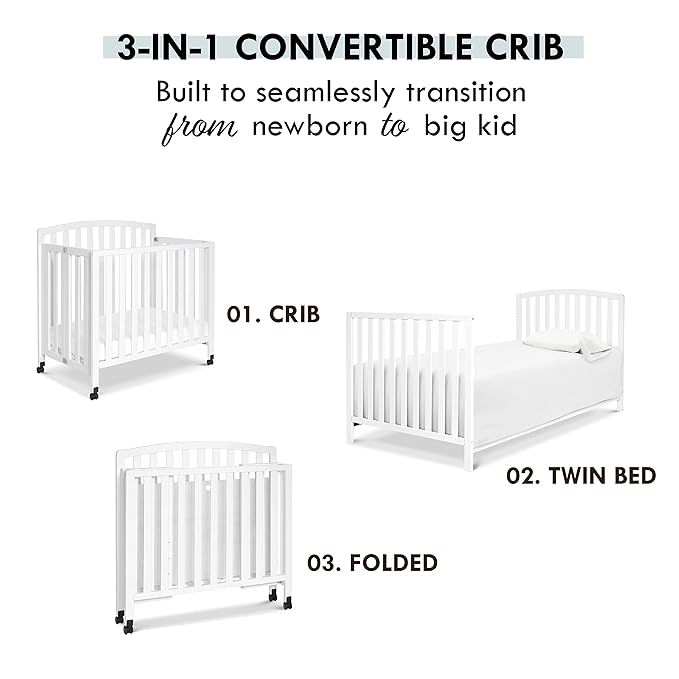 DaVinci Dylan Folding Portable 3-in-1 Convertible Mini Crib and Twin Bed in White, Greenguard Gold Certified - LeafyLoom