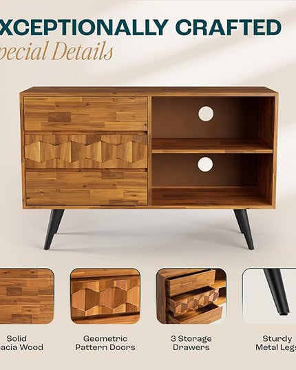 Bme 45 Inch Solid Wood TV Stand and Geometric Pattern 2 Drawer Console Table Bundle for Living Room and Entryway, Teak Brown - LeafyLoom