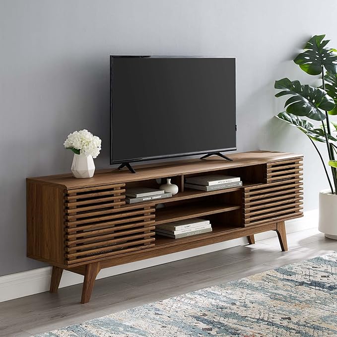 Modway Render 71" Mid-Century Modern Low Profile Media Console TV Stand, 71 Inch, Walnut - LeafyLoom