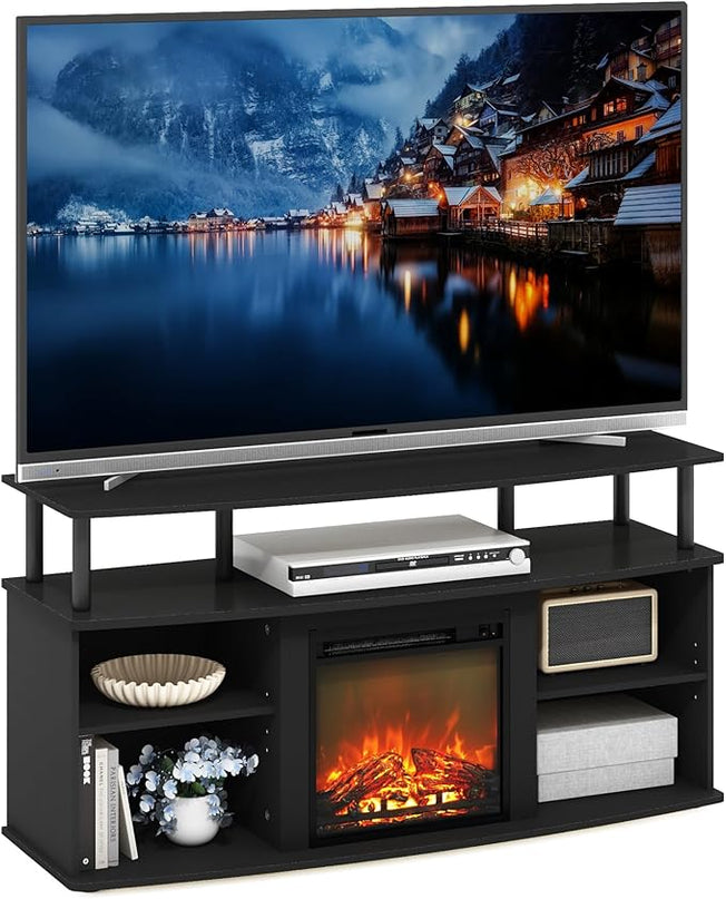Furinno Jensen Open Shelving Storage Fireplace TV Entertainment Center for TV up to 55 Inch, Americano/Black - LeafyLoom