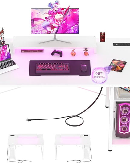 armocity Computer Desk with LED Lights, Gaming Desk with Power Outlet and USB, 40 Reversible Laptop Table with Moveable Monitor Stand, Small Desk for Small Spaces, Office, Gaming Room, White - LeafyLoom