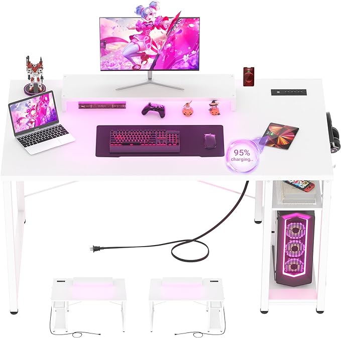 armocity Computer Desk with LED Lights, Gaming Desk with Power Outlet and USB, 40 Reversible Laptop Table with Moveable Monitor Stand, Small Desk for Small Spaces, Office, Gaming Room, White - LeafyLoom