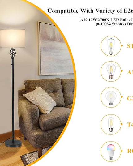 Floor Lamps for Living Room, Standing Lamp, Stepless Dimmable Floor Lamp with White Linen Shade, Rotary Switch, 2700K 10W Bulb Included, Modern Floor Lamp for Bedroom, Reading Tall Lamp for Office - LeafyLoom