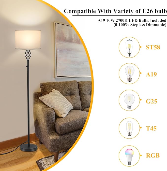 Floor Lamps for Living Room, Standing Lamp, Stepless Dimmable Floor Lamp with White Linen Shade, Rotary Switch, 2700K 10W Bulb Included, Modern Floor Lamp for Bedroom, Reading Tall Lamp for Office - LeafyLoom