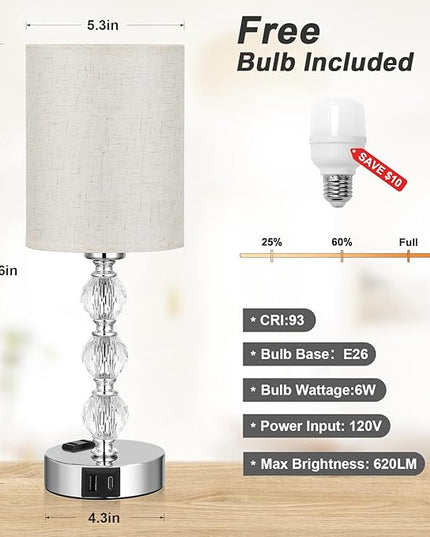 White Touch Bedside Lamps for Bedrooms - Crystal Table Lamp with USB C+A Charging Port and AC Outlet Nightstand, 3 Way Dimmable Silver Small End Side Table Lamp for Living/Guest/Dinning Room/Kitchen - LeafyLoom