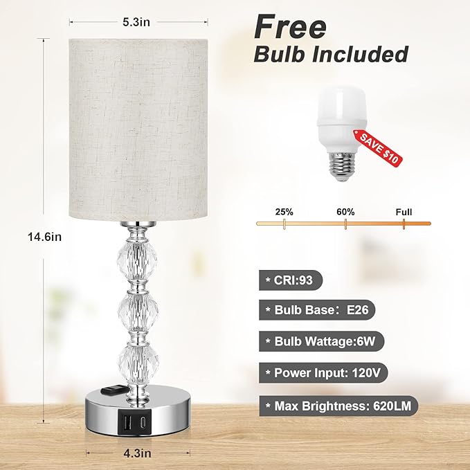White Touch Bedside Lamps for Bedrooms - Crystal Table Lamp with USB C+A Charging Port and AC Outlet Nightstand, 3 Way Dimmable Silver Small End Side Table Lamp for Living/Guest/Dinning Room/Kitchen - LeafyLoom