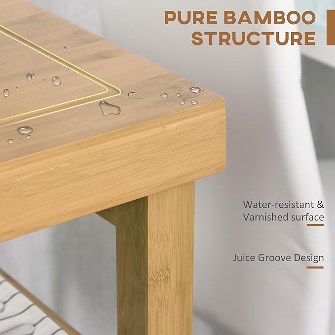 HOMCOM Bamboo Kitchen Island Cart on Wheels, Utility Trolley Cart with 2 Storage Drawers and Open Shelves, Natural - LeafyLoom