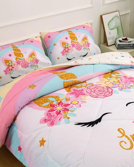 NTBED Unicorn Twin Comforter Set with Sheets,5 Pieces Kids Bedding Sets for Girls, Lightweight Microfiber Star Rainbow Bed in a Bag - LeafyLoom