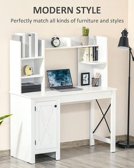 HOMCOM Farmhouse Computer Desk with Hutch and Cabinet, Home office Desk with Storage, for Study, White - LeafyLoom