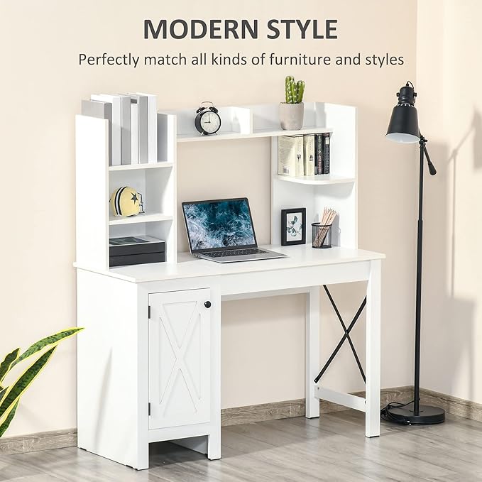 HOMCOM Farmhouse Computer Desk with Hutch and Cabinet, Home office Desk with Storage, for Study, White - LeafyLoom