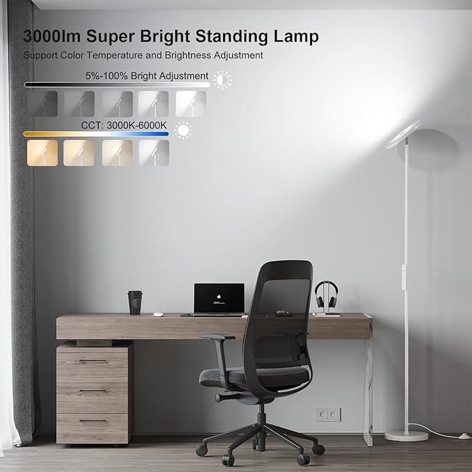 SUNMORY Floor Lamps for Living Room, 32W/3000LM Super Bright LED Floor Lamp with Remote Control, 69" Tall Standing Lamp with Stepless Dimmable, Modern Torchiere Corner Lamp for Bedroom, Office White - LeafyLoom