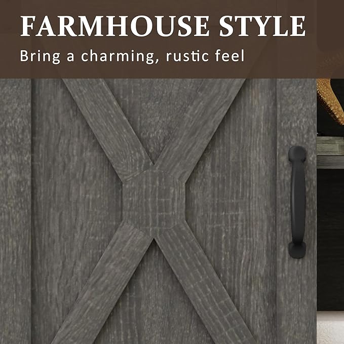 Farmhouse TV Stand for 23" Fireplace, 34'' Tall Entertainment Center for 65+ Inch TV, Rustic TV Console with Sliding Bar Door for Living Room (Dark Grey) - LeafyLoom