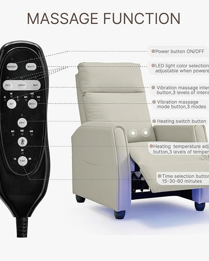 Recliner Chair for Adults PU Leather Push Back Armchair with 4 Colors Ambient Lighting Home Theater Seating with Massage & Heat Vibration Single Sofa for Living Room, Cream - LeafyLoom