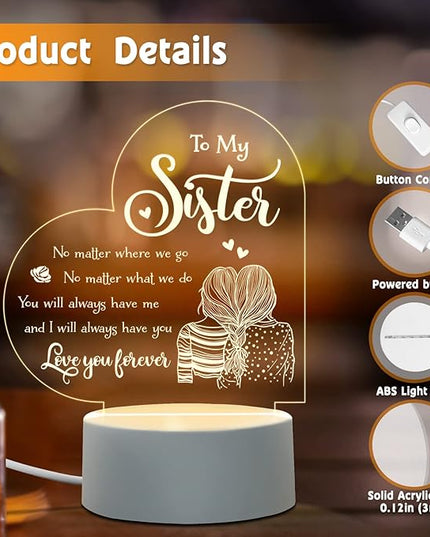 Sister Mothers Day Gift ideas, Sisters Gifts from Sister, to My Sister Birthday Gifts from Sister, Graduation Wedding Birthday Gifts for Sisters from Sister, Engraved Night Light Gifts for Sister - LeafyLoom
