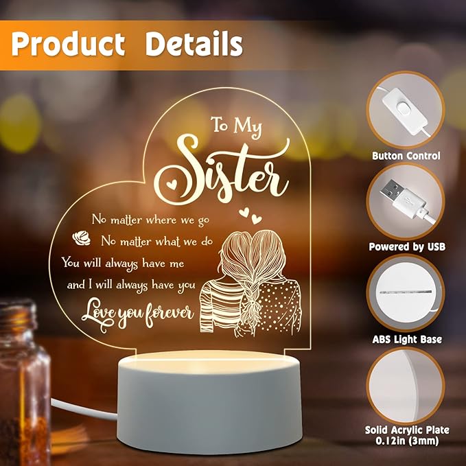 Sister Mothers Day Gift ideas, Sisters Gifts from Sister, to My Sister Birthday Gifts from Sister, Graduation Wedding Birthday Gifts for Sisters from Sister, Engraved Night Light Gifts for Sister - LeafyLoom
