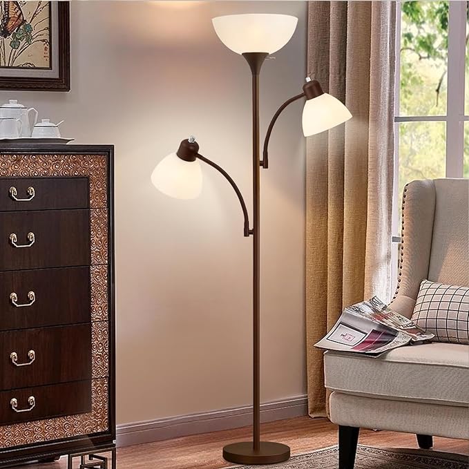 Luvkczc Torchiere Floor Lamps for Living Room with 2 Reading Lamps, Modern Tall Standing Lamps, Industrial Bright Floor Lamp for Bedroom, Office, Dresser, 3 LED Bulbs Included - LeafyLoom
